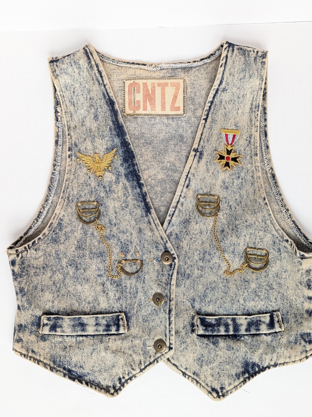 Vintage Acid-Wash Denim Vest with Gold-Tone Chain Accents